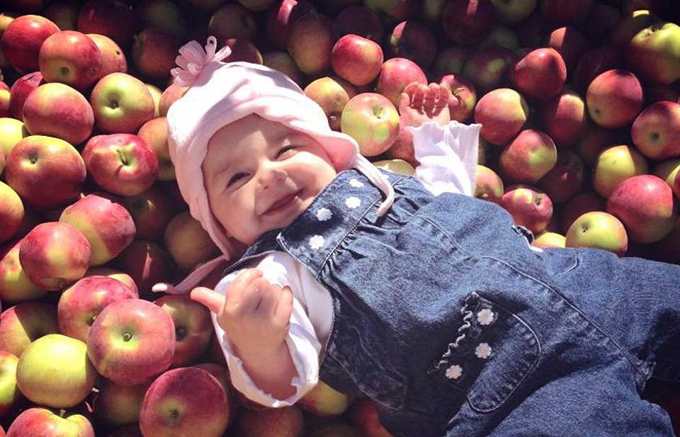 kid laying in pile of apples