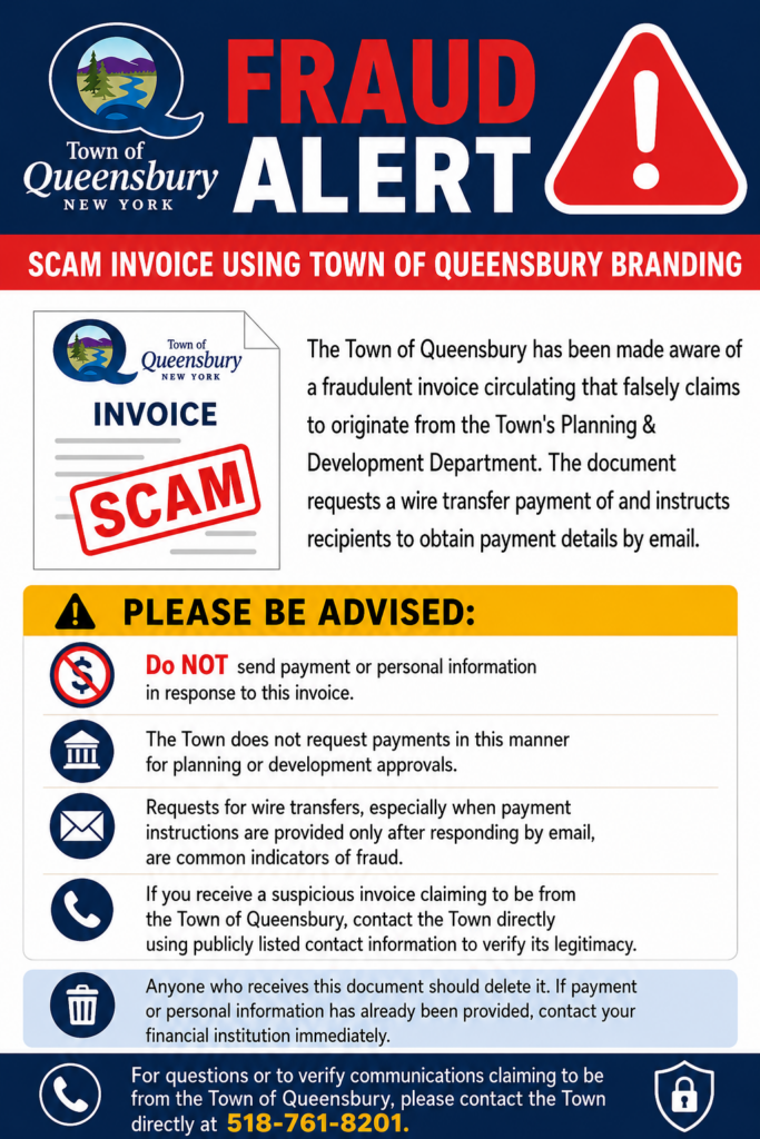 Fraud Alert: Scam Invoice Using Town of Queensbury Branding 